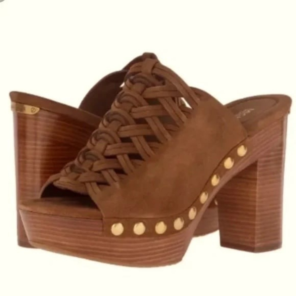Michael Kors Brown Suede Woven Platform Mules Studded Block Heel 8M 38.5